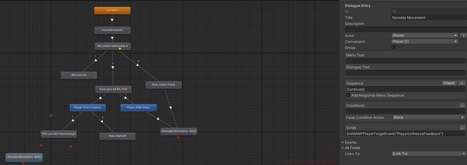 Basic example of a demo type one conversation where I want to freeze and unfreeze the player when the conversation starts and ends.
